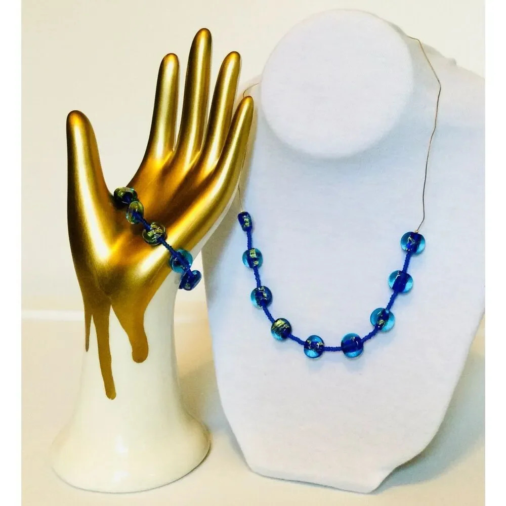 Vintage Blue Quartz Stone Beaded Fashion Necklace‎ with Bracelet Set 2 Piece